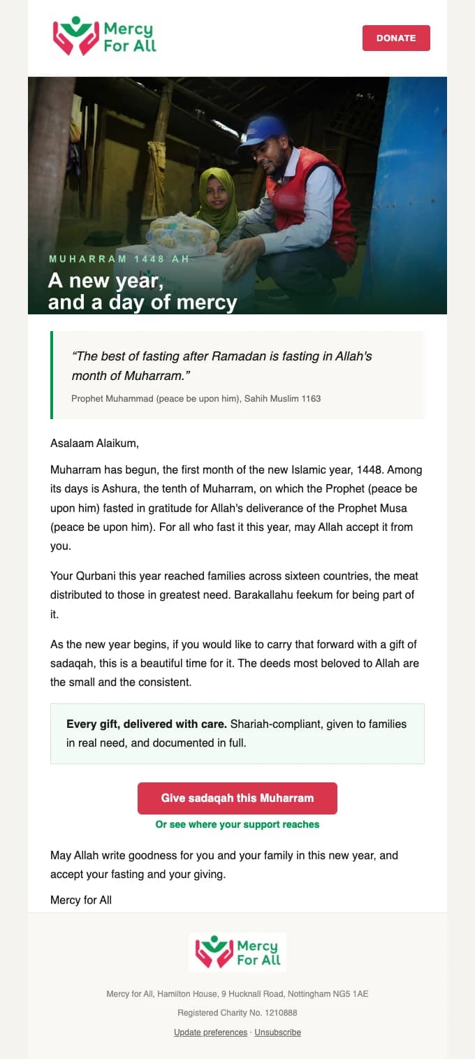 An email design prepared for Mercy For All's Muharram supporter programme.