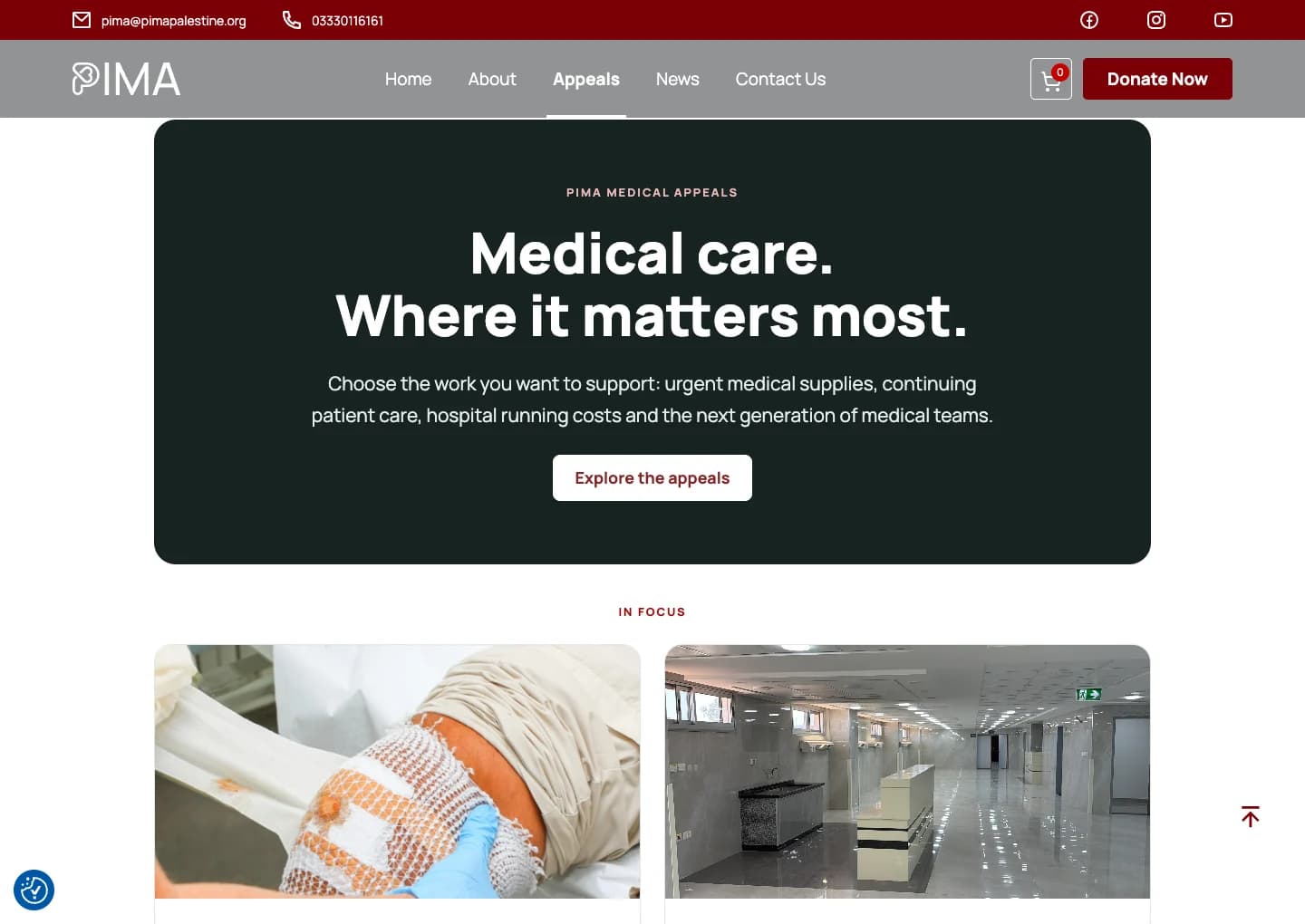 PIMA's medical appeals page, with a clear introduction and links to current work.