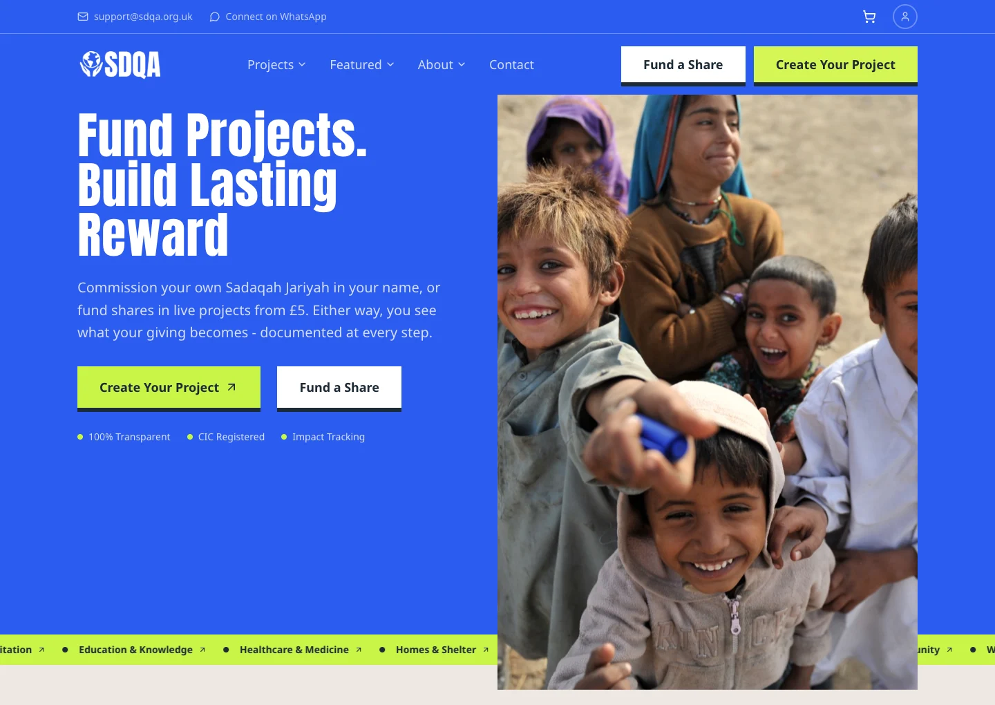 SDQA's project-led website, showing the routes to create a project or fund a share.